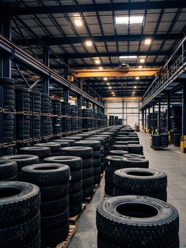 Wide-angle industrial commercial photography of stacked heavy-duty truck tires inside a massive Houston warehouse, dramatic overhead steel gantry lighting, high contrast navy and steel tones, sharp detail on tread patterns, 35mm lens