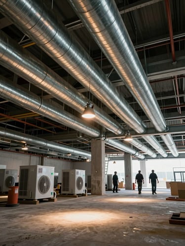 Wide environmental shot of an ongoing HVAC installation inside a commercial building shell — ductwork suspended from concrete slab, workers' silhouettes visible mid-frame, industrial tungsten work lights casting warm pools on galvanized steel, exposed structural columns in background