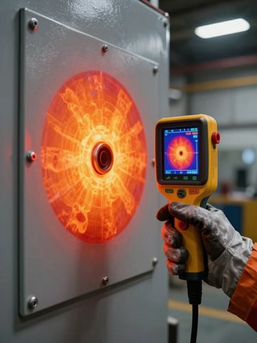 Thermal imaging camera display showing a false-color heat map of an industrial wall panel, warm orange and red zones visible around a conduit penetration, engineer's gloved hand holding the device, harsh warehouse ambient light