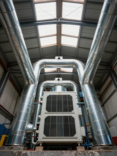 Overhead sectional view of a completed industrial HVAC installation inside a Moroccan warehouse, galvanized ductwork runs converging toward a central air-handling unit, industrial daylight entering through roof vents, steel structure visible above