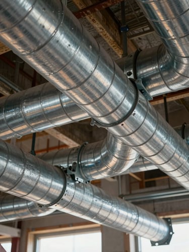 Close-up of industrial ductwork and insulated pipe runs inside a commercial building under construction, ambient tungsten lighting casting warm highlights on galvanized steel flanges, condensation-control wrapping visible on the lower pipe, Casablanca site conditions