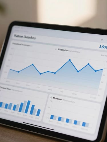 Close-up of a modern tablet screen displaying clean health data visualizations, predictive line charts mapping metabolic baselines, diffused warm morning light, realistic home setting.