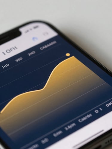 Close-up of a clean mobile screen displaying a predictive health chart with a smooth upward curve, clean UI elements in marigold and slate-navy, soft daylight reflection