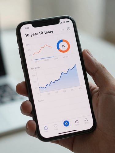 A close-up of a clean, intuitive mobile interface screen showing a 10-year predictive health chart with metabolic markers, held by a person in a bright, naturally lit room.