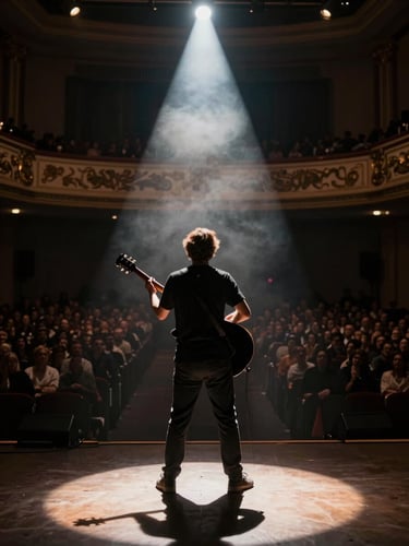 Wide vertical frame — Marc Florence on a dimly lit stage, back half-turned to the audience, guitar raised, a single amber spotlight carving deep shadow across his silhouette; smoke drifts through the beam, concert hall swallowed in darkness behind him