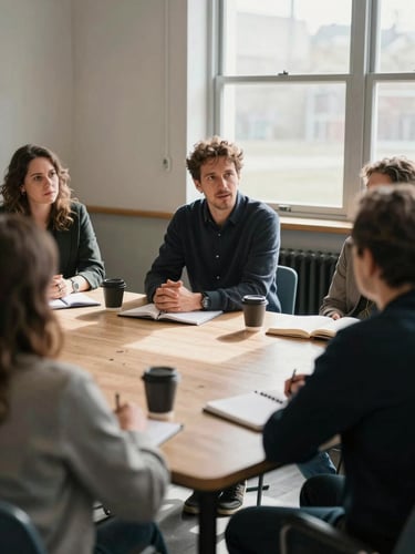 Wide shot of four adults seated around a table in a community room, one person speaking while others listen with attention, notebooks open, coffee cups present, natural window light casting soft shadows, candid and unposed mid-discussion moment