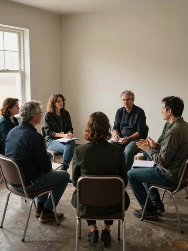 Wide documentary shot, a circle of six adults in a warmly lit room mid-conversation — two leaning forward, one gesturing with open hands, another listening intently — notebooks and coffee cups on chairs, natural window light from the left, unglamorous and unposed