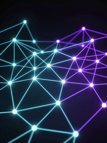 Abstract 3D representation of data flow and glowing node networks, high-contrast dark-room neon glow, sharp synthetic light paths, deep dramatic shadows, octane render.
