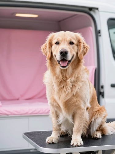 A happy, fluffy golden retriever sitting calmly on a clean grooming table inside a bright, modern mobile grooming van, soft pink towels in the background, bright natural light, shallow depth of field