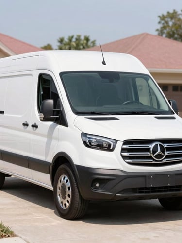 A pristine, luxury white mobile pet grooming van parked on a clean suburban driveway, bright sunny day, high-end commercial automotive photography