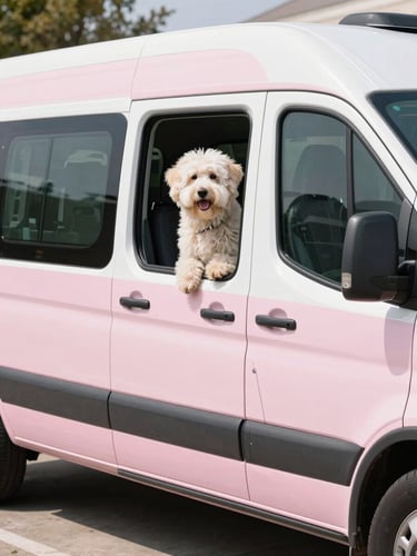Pristine luxury mobile grooming van parked in a sunny driveway, a happy fluffy dog looking out the window, bright editorial pet photography, soft pink tones