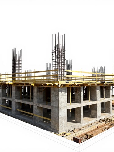 Crisp architectural blueprint overlay on a clean Bengaluru residential construction site, showing concrete foundation reinforcement under bright daylight.