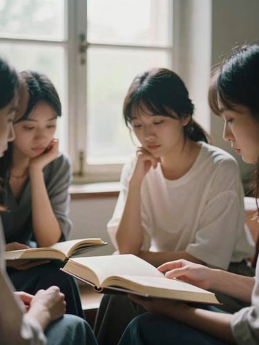 Authentic women in quiet, contemplative conversation around an open academic book, soft morning light filtering through an old window, shallow depth of field, 35mm film grain.
