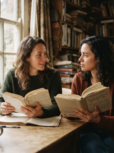 Authentic women in contemplative conversation, soft morning light filtering through an old window, hands holding open academic books, shallow depth of field, warm editorial photography.