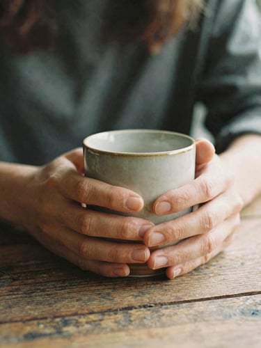 Authentic woman's hands holding a warm ceramic mug, resting on an old wooden table, soft morning light, contemplative, shallow depth of field, warm editorial photography, muted natural tones, 35mm film grain.