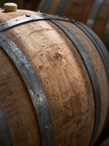 Close-up of oak barrel staves stacked in an Austrian cellar, cool north-facing daylight raking across the wood grain, no people, minimal depth of field showing the timber texture