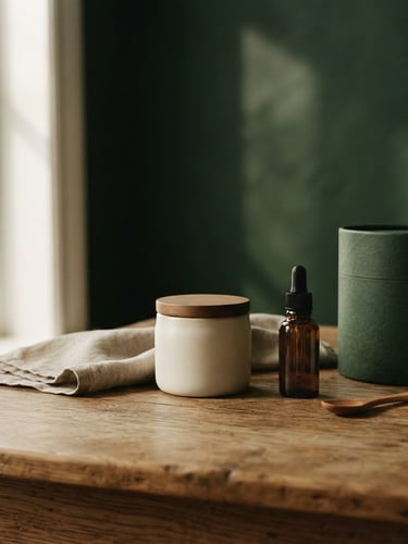 Wide shot of nuFond product packaging, minimalist, on a natural wood surface under soft window light, deep shadows, forest green tones.