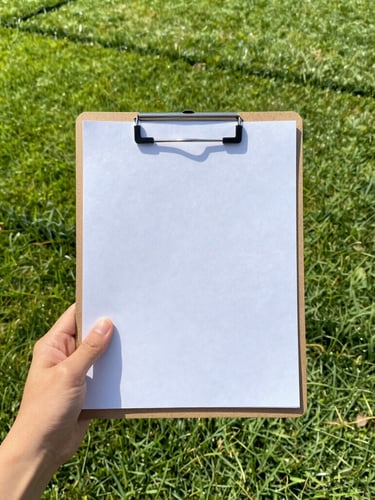 A hand holding a simple clipboard with a clean quote sheet, standing over a perfectly manicured lawn with sharp border lines, bright morning sun