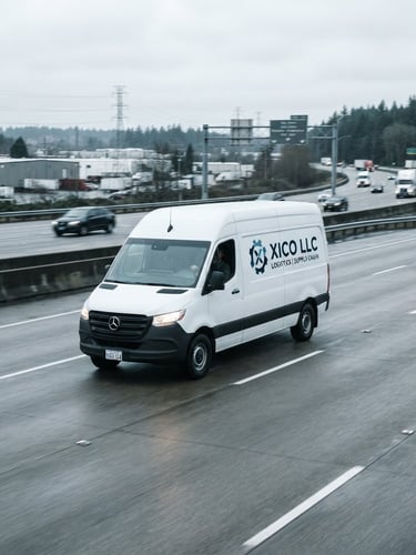 Clean, branded XICO LLC sprinter van in transit on a multi-lane highway, overcast daylight, cool desaturated tones, sharp focus, industrial commercial photography. The van is slightly off-center to the left, with open road ahead.