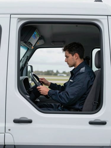 Professional XICO LLC driver in a clean uniform, checking a climate-control readout inside a specialized sprinter van, focused expression, crisp overcast daylight, cool desaturated tones.