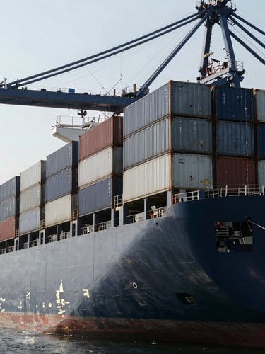 A massive modern container ship docked at a high-tech industrial port under cool daylight, steel gray tones, high contrast, 35mm