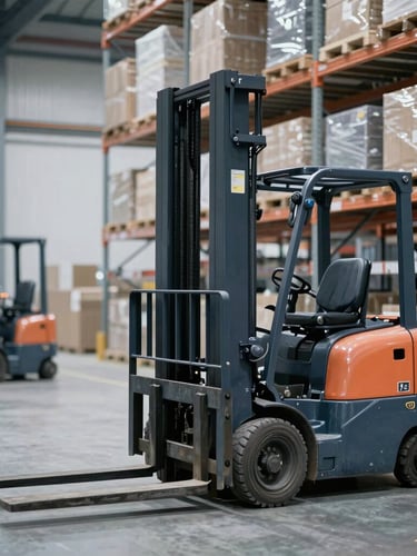 Interior of a clean, high-tech logistics warehouse with steel racks and modern automated forklifts, cool daylight, sharp focus.