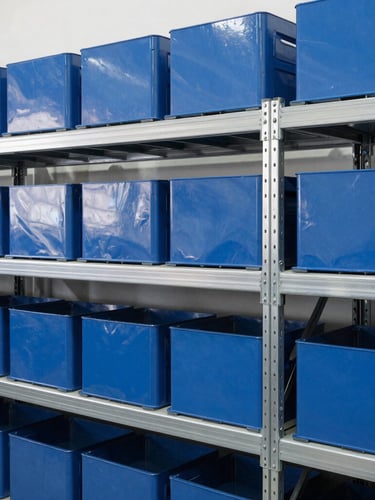 Crisp straight-on medium shot of organized inventory on steel shelves under bright clean industrial daylight, blue and silver tones, sharp focus, 35mm lens