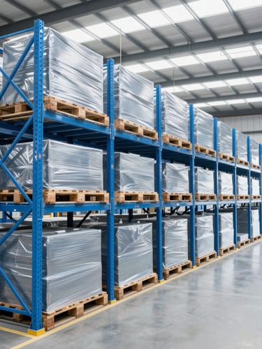Bright modern warehouse interior with organized pallet racking and clean blue tones, sharp focus, natural daylight, wide-angle environmental shot