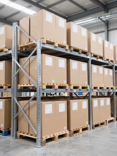 Bright high-key industrial warehouse interior, tall silver pallet racks, organized cardboard boxes with clean white labels, 35mm lens