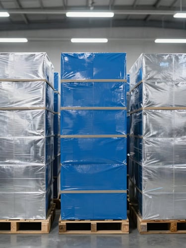 Straight-on medium shot of organized inventory with professional shipping logistics, bright clean industrial lighting, blue and silver tones.