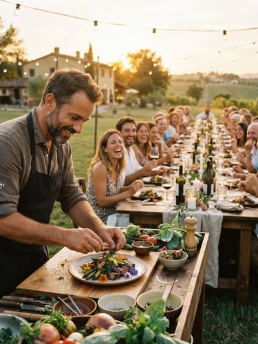 Wide panoramic farm-to-table dinner scene under warm golden-hour light, long wooden tables, guests laughing, shallow depth of field, a chef plating a dish in the foreground, rich earthy tones, 35mm film aesthetic.