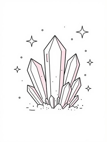 Flat vector illustration of a delicate crystal cluster surrounded by celestial starbursts and fine line art, minimalist white background with soft pink highlights