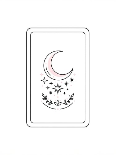 Flat vector illustration of a single minimalist tarot card with a crescent moon and delicate stars, crisp black lines on a white background with soft pink accents