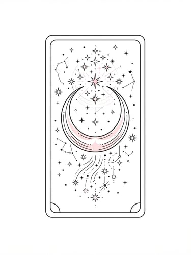 Flat vector illustration of a minimalist tarot card featuring a crescent moon and delicate stars, clean black line art, soft pink accents, pure white background