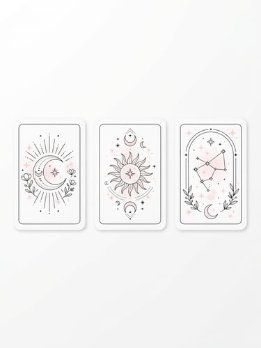 Flat vector illustration of three minimalist tarot cards with clean black line art, delicate crescent moons, and soft pink sparkles on a pure white background, modern feminine style.