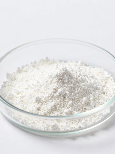 macro close-up of pure white supplement powder on a clean glass petri dish, bright high-key lighting, clinical laboratory aesthetic, sharp focus, 50mm