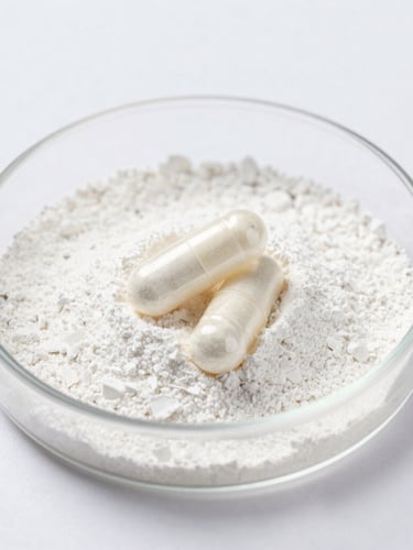 Macro photograph of clear supplement capsules filled with pure white active powder on a sterile white laboratory dish, bright clinical lighting, sharp focus