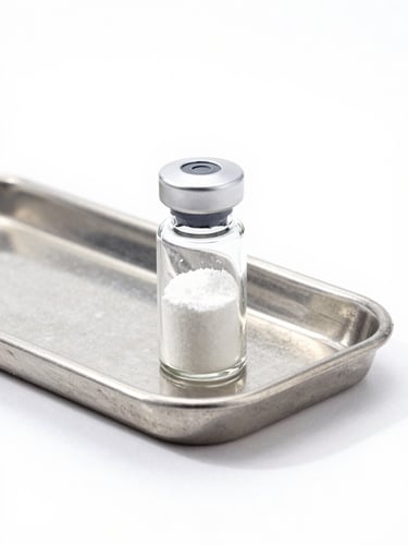 bright high-key product photography, clean white background, crisp studio light, clinical laboratory aesthetic, sharp focus, 50mm, clear glass capsule filled with white powder on a pristine laboratory metal tray