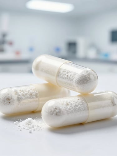 Macro close-up shot of clear supplement capsules filled with pure white powder, bright high-key lighting, clean clinical lab environment, 50mm