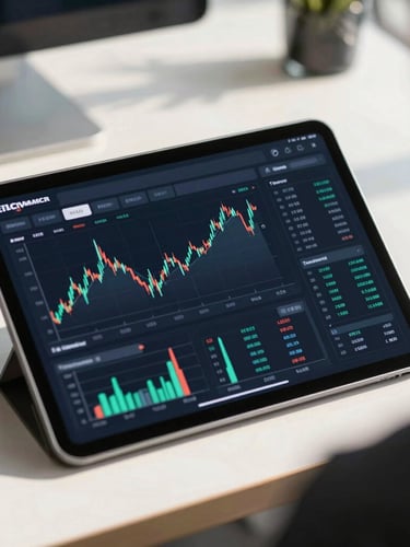 Close-up of a modern financial dashboard on a tablet in a bright office, clean sunlight casting soft shadows, professional atmosphere.