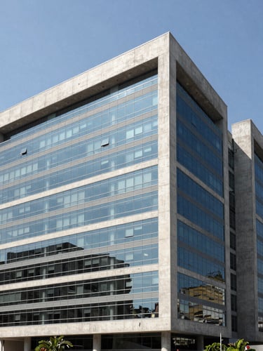 Structured modern office architecture in Belo Horizonte, clean concrete and glass facade, bright daylight, high contrast.