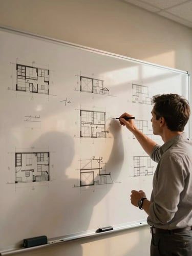 Wide environmental shot — a mentor at a whiteboard covered in architecture diagrams, shot from across the room under warm tungsten evening light, framing shows the board and the practitioner's hands mid-sketch, no faces visible, no posing