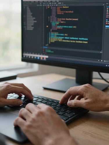 Close crop from the right side — two sets of hands on a keyboard and trackpad, a large monitor in the background displaying dense lines of production code under review, natural north-facing daylight from a nearby window, no flash, tight on the hands and screen edge