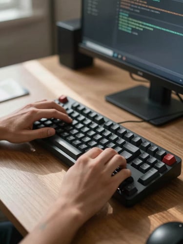 Tight frame on two hands at a mechanical keyboard, a terminal window open on a dark monitor behind them, natural north-facing daylight crossing the desk from the left, shallow depth of field, no faces visible, the actual work as the subject