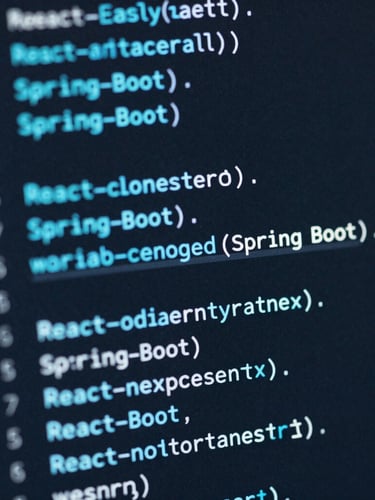 Macro shot of clean React and Spring Boot code on a dark IDE screen, electric cyan syntax highlighting, soft blue ambient screen glow, shallow depth of field, sharp focus on clean architectural functions.
