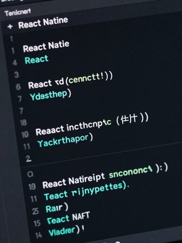 Macro shot of a dark-themed IDE showing clean React Native TypeScript code, subtle cyan syntax highlighting, screen glow effect, sharp focus