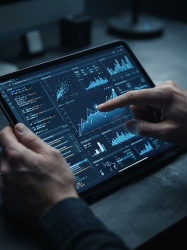 Primer plano macro de manos interactuando con una interfaz de software de analítica en una tablet de alta gama, código limpio en pantalla, iluminación azul fría, tonos antracita profundos, foco nítido.