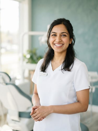 Bright editorial portrait of a friendly female dentist in a sunlit modern clinic, neutral teal background, soft natural lighting, 35mm
