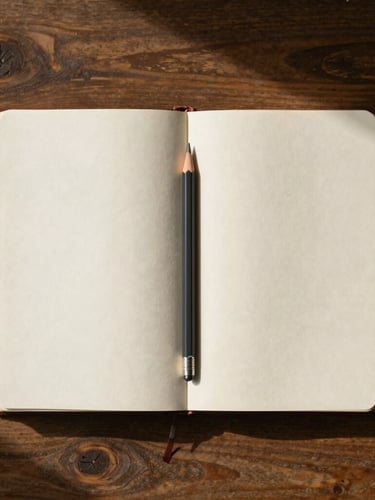 Top-down flat lay of an open scripture journal on a rustic oak desk, warm morning light casting soft shadows, a graphite pencil resting on premium textured cream paper.