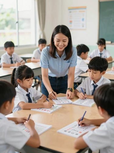 A bright, airy classroom in Thailand with a smiling teacher guiding young students through an interactive English vocabulary game, natural daylight, candid environmental portrait